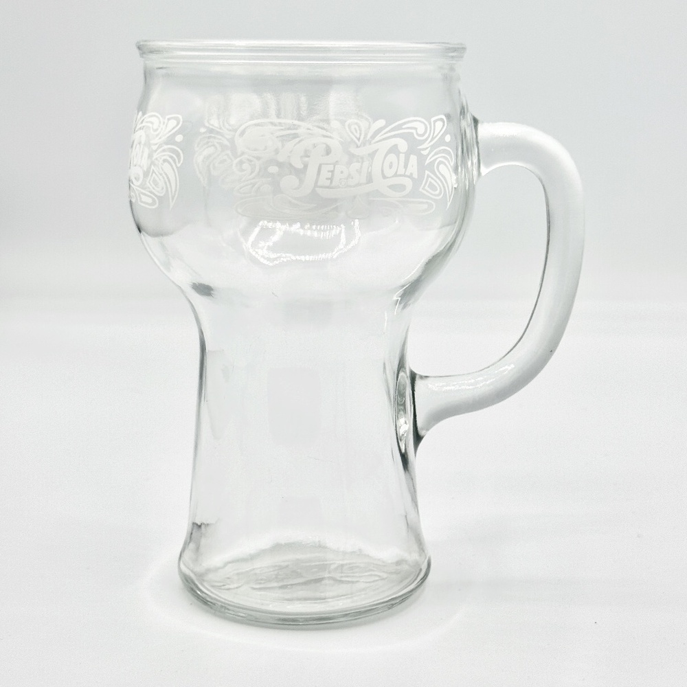Pepsi Cola VTG Clear Glass Embossed Logo Handle Goblet Stein Mug Drinking Glass